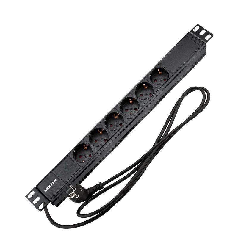 Блок распределения питания PDU 6 розеток СЕЕ 7/4 Schuko 16А без выкл. вилка СЕЕ 7/7 горизонт. шнур 2м корпус алюм. Rexant 04-0101-1