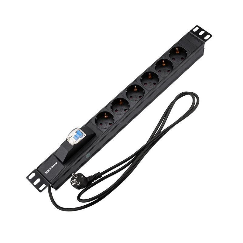 Блок распределения питания PDU 6 розеток СЕЕ 7/4 Schuko 16А автомат защиты вилка СЕЕ 7/7 горизонт. шнур 2м корпус алюм. Rexant 04-0103-1