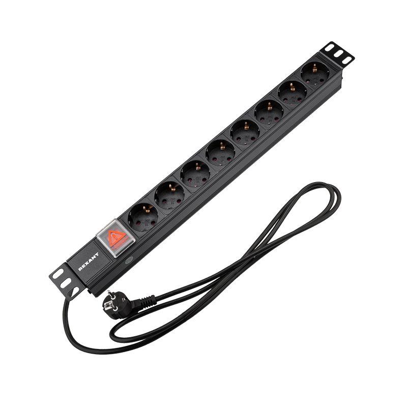 Блок распределения питания PDU 8 розеток СЕЕ 7/4 Schuko 16А выкл. вилка СЕЕ 7/7 горизонт. шнур 2м корпус алюм. Rexant 04-0104-1