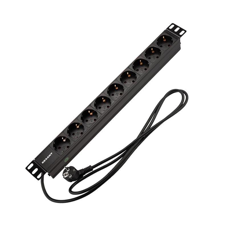 Блок распределения питания PDU 9 розеток СЕЕ 7/4 Schuko 16А без выкл. вилка СЕЕ 7/7 горизонт. шнур 2м корпус алюм. Rexant 04-0105-1