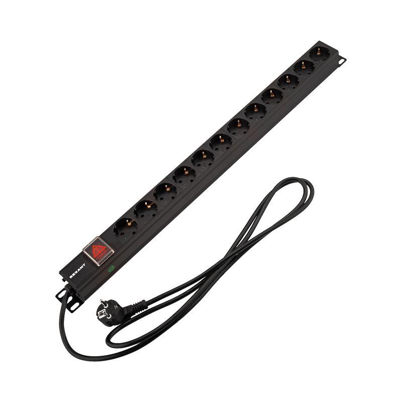 Блок распределения питания PDU 12 розеток СЕЕ 7/4 Schuko 16А выкл. вилка СЕЕ 7/7 вертикал. шнур 2м корпус алюм. Rexant 04-0204-2