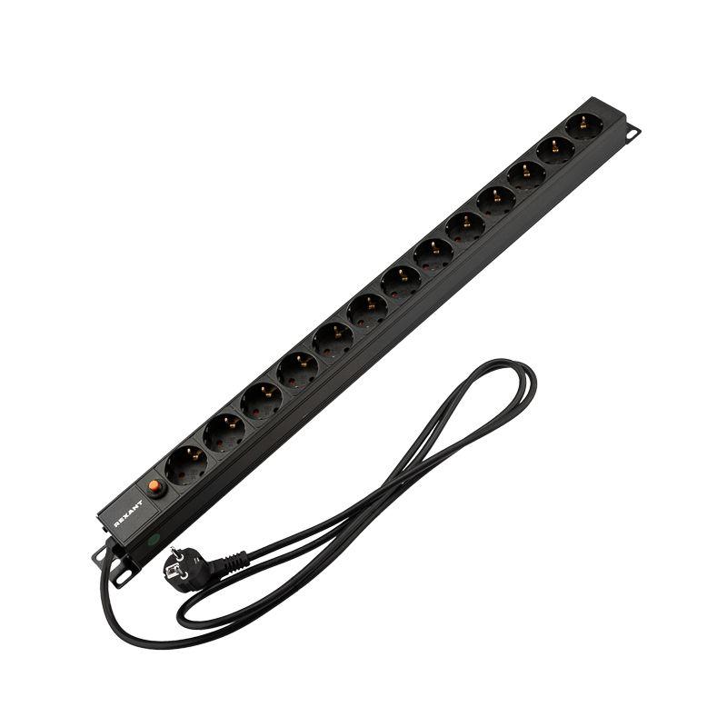 Блок распределения питания PDU 13 розеток СЕЕ 7/4 Schuko 16А фильтр без выкл. вилка СЕЕ 7/7 вертикал. шнур 2м корпус алюм. Rexant 04-0205-2