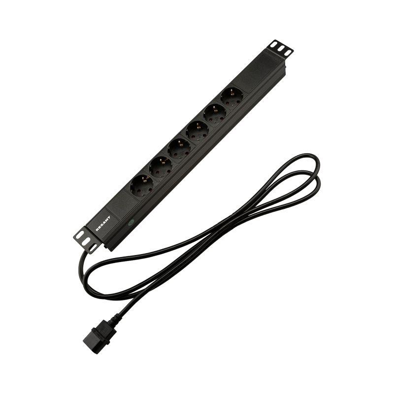 Блок распределения питания PDU 6 розеток СЕЕ 7/4 Schuko 10А без выкл. вилка C14 горизонт. шнур 2м корпус алюм. Rexant 04-0301-1