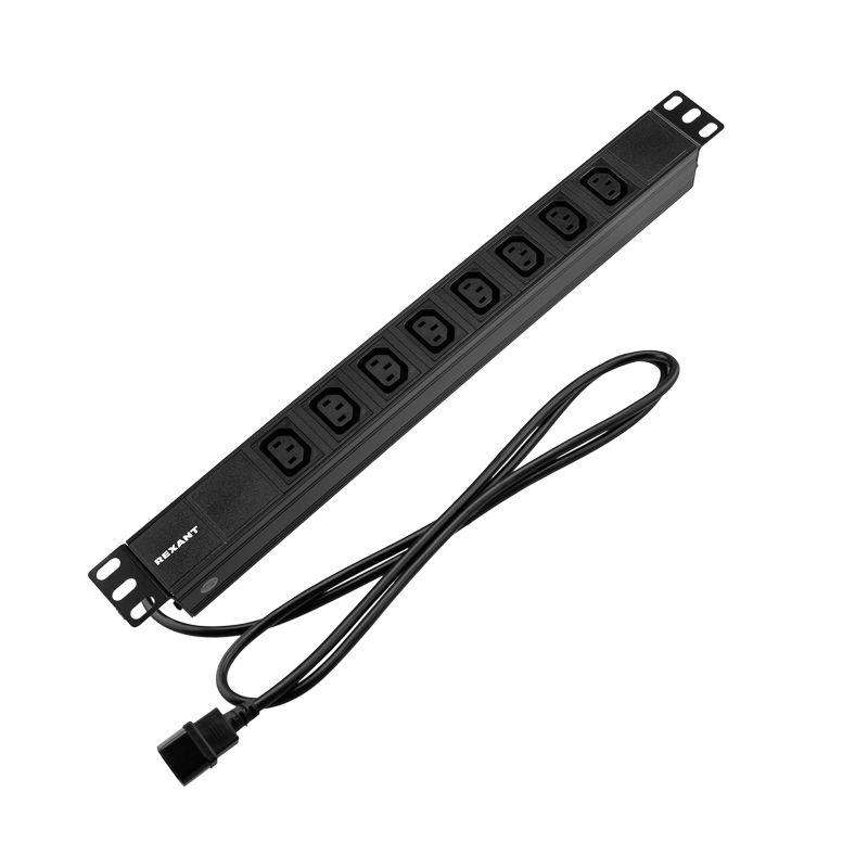 Блок распределения питания PDU 8 розеток C13 10А без выкл. вилка C14 горизонт. шнур 2м корпус алюм. Rexant 04-0304-1