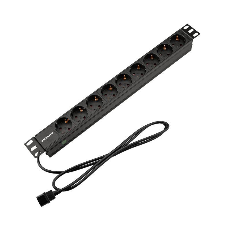 Блок распределения питания PDU 9 розеток СЕЕ 7/4 Schuko 10А без выкл. вилка C14 горизонт. шнур 2м корпус алюм. Rexant 04-0305-1