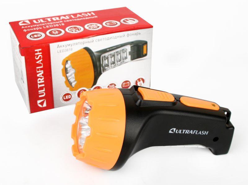 Фонарь аккумуляторный LED3818 7 + 8LED 2 режима аккум. SLA 220В черн./желт. Ultraflash 10973