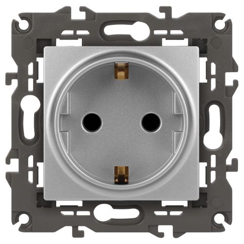 Розетка 1-м СП Эра Elegance 14-2102-03 16А IP20 16AX 250В 2P+E Schuko защ. шторки алюм. Эра Б0034274
