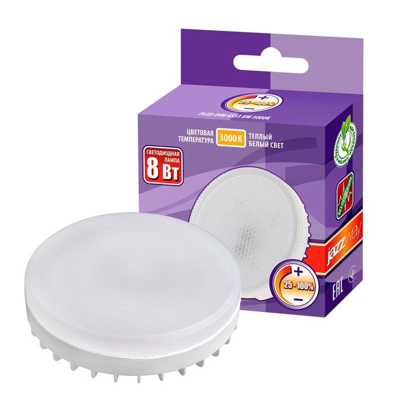 Лампа светодиодная PLED-DIM 8Вт таблетка матовая 3000К тепл. бел. GX53 640лм 230В/50Гц диммир. JazzWay 5014107