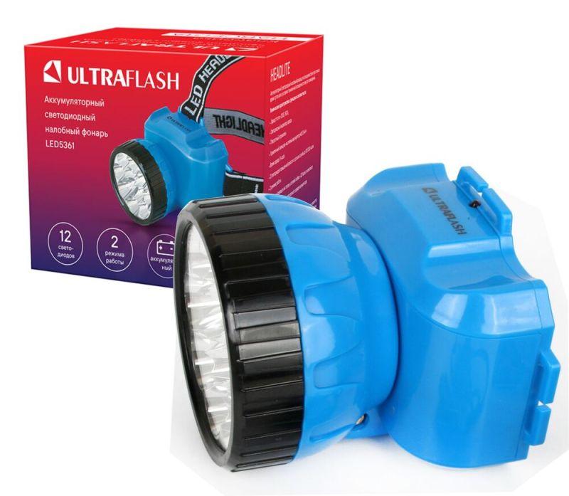 Фонарь аккумуляторный налобный LED5361 12LED 2 режима 220В пластик. голуб. (бокс) Ultraflash 12420