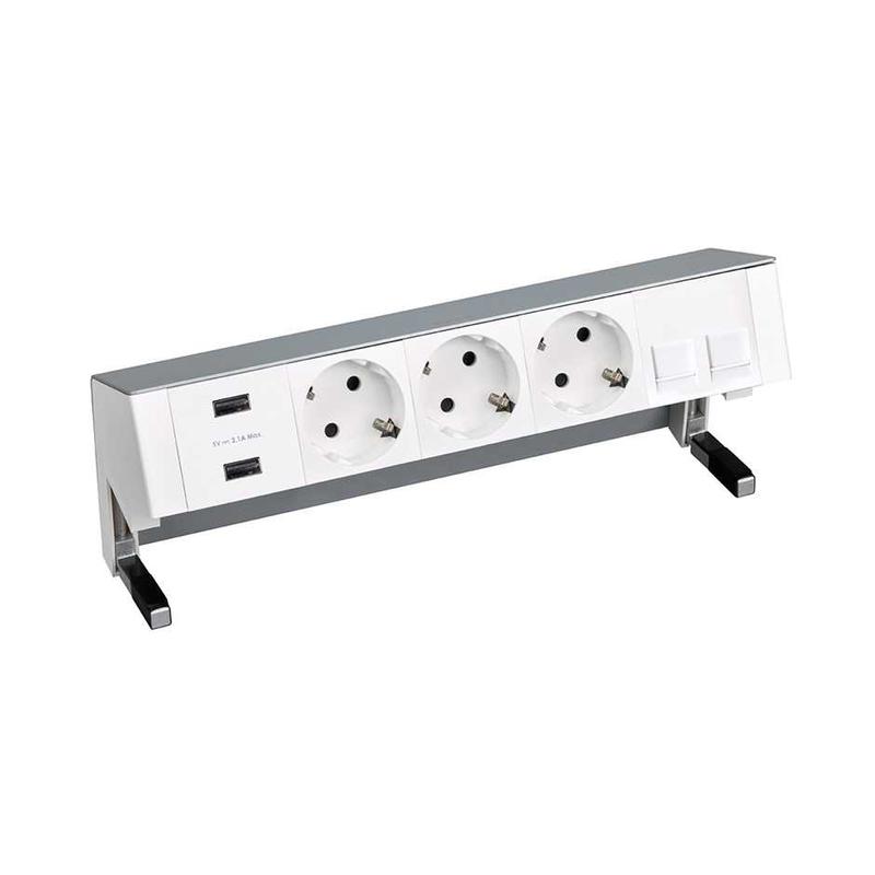 Блок розеточный настольный Simon 400 3х2P+E 2хUSB зарядное устройство адаптер для 2хRJ45 моноблок алюм. Simon 42523020-133