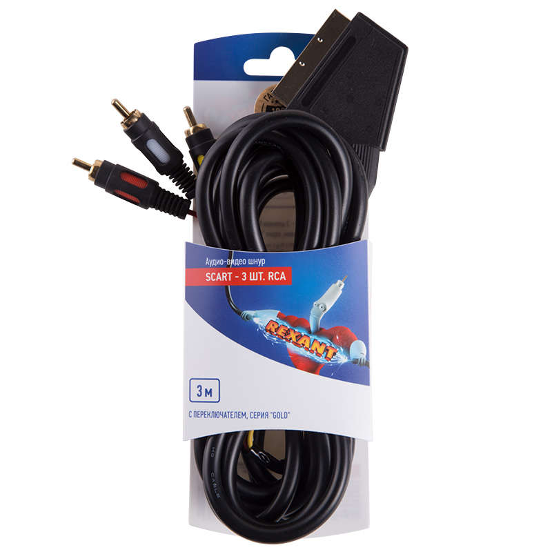 Шнур SCART - 3RCA с переключателем 3м (GOLD) блист. Rexant 06-3071