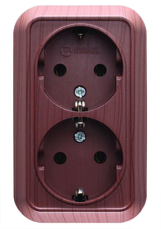 Розетка 2-м ОП 16А IP20 с заземл. орех Makel 45482