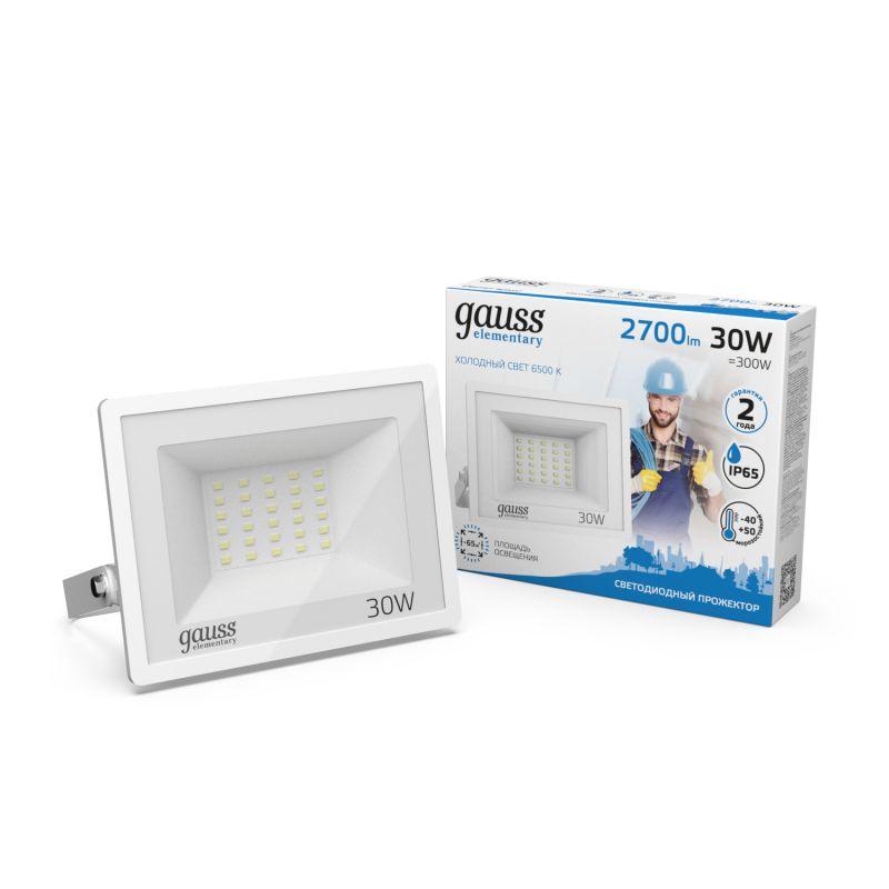 Прожектор светодиодный Elementary 30Вт 6500К IP65 2700лм 200-240В ДО бел. GAUSS 613120330