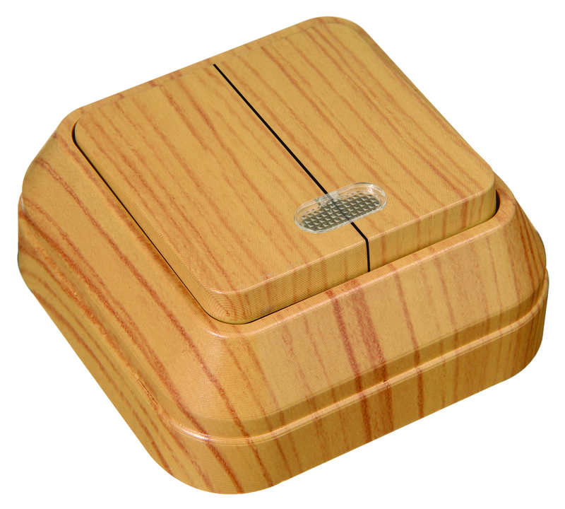 Выключатель 2-кл. ОП 10А IP20 с подсветкой дуб Makel 45323