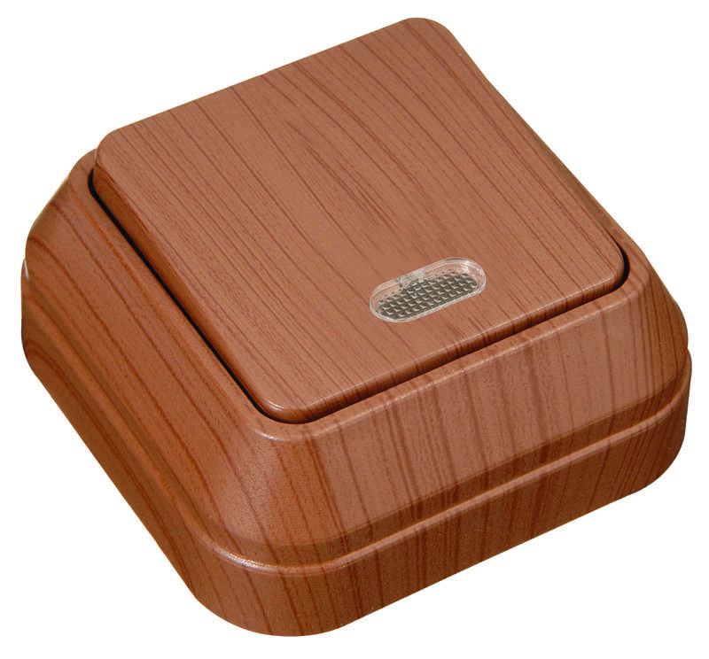 Переключатель проходной 1-кл. ОП 10А IP20 с подсветкой орех Makel 45425