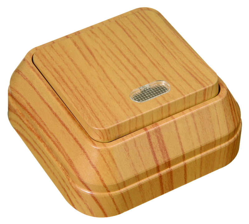 Переключатель проходной 1-кл. ОП 10А IP20 с подсветкой дуб Makel 45325