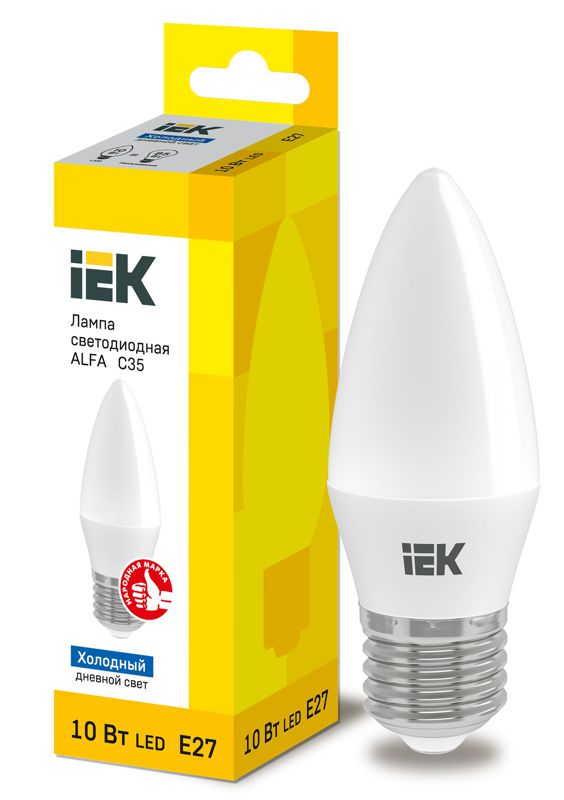 Лампа светодиодная ALFA 10Вт C35 свеча 6500К E27 230В IEK LLA-C35-10-230-65-E27