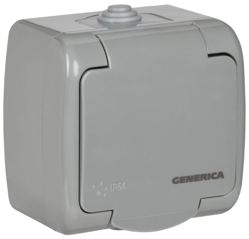 Розетка 1-м ОП AQUATIC РСш12-2-А 16А IP54 с заземл. с крышкой GENERICA ERA12-K03-16-54