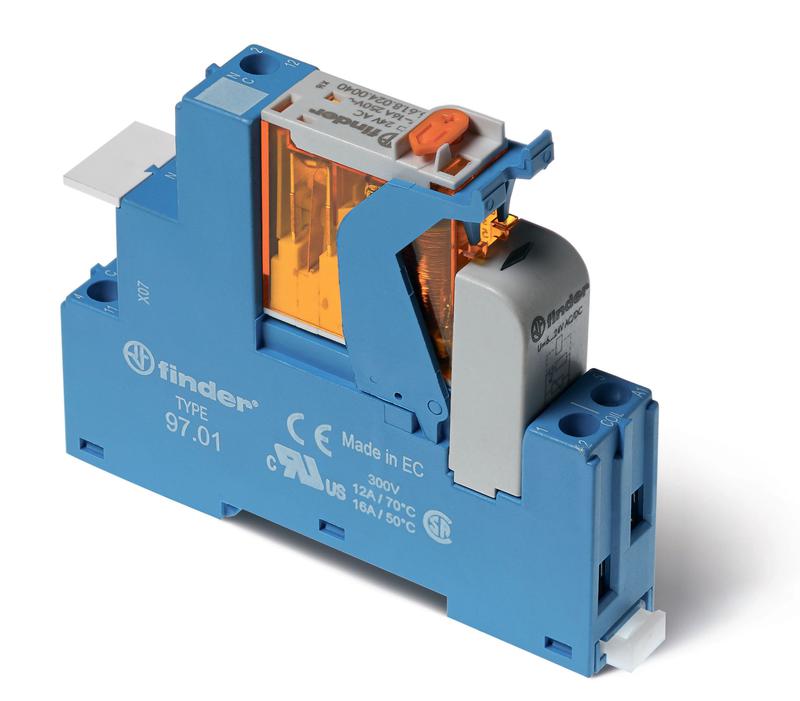 Модуль интерфейсный (сборка 46.61.9.024.0040 + 99.02.9.024.99 + 97.01SPA) электромеханич. реле 1CO 16А AgNi 24В DC IP20 винт. клеммы пластик. клипса LED + диод кнопка тест + мех. индикатор FINDER 4C0190240050SPA