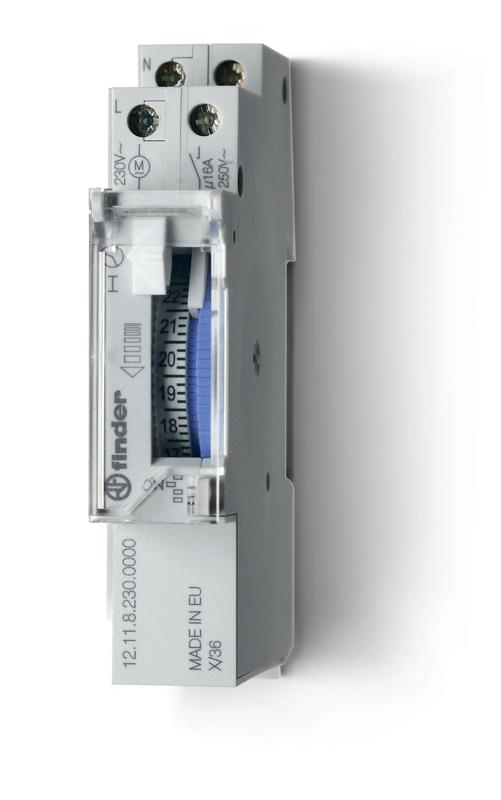 Реле времени механическое суточное 16А 230В AC 1NO 17.6мм IP20 монтаж на рейку 35мм без резервн. источника питания FINDER 121182301000