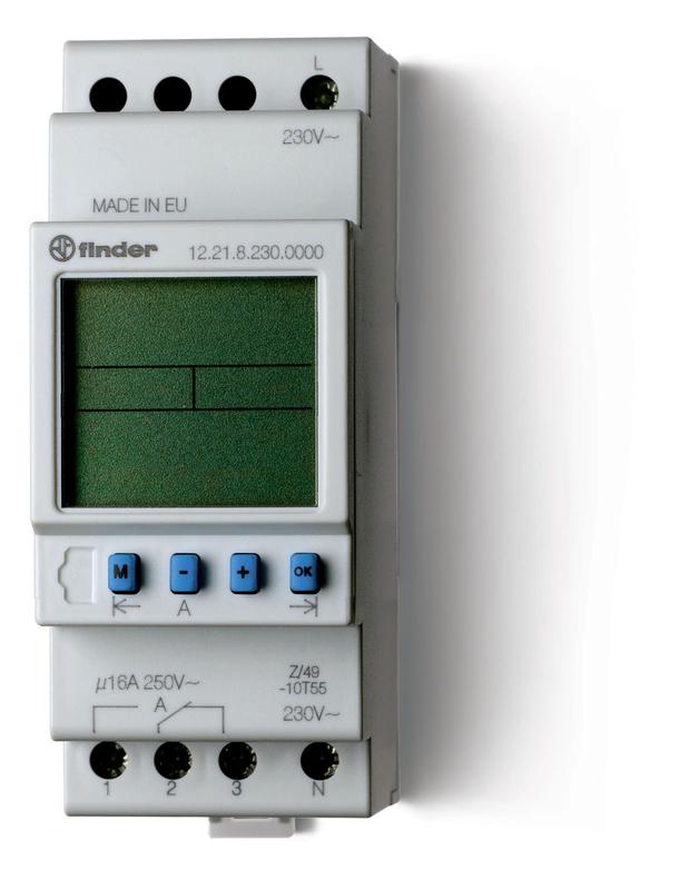 Реле времени цифровое недельное 16А 24В AC/DC 1CO 35.8мм IP20 монтаж на рейку 35мм FINDER 122100240000PAS