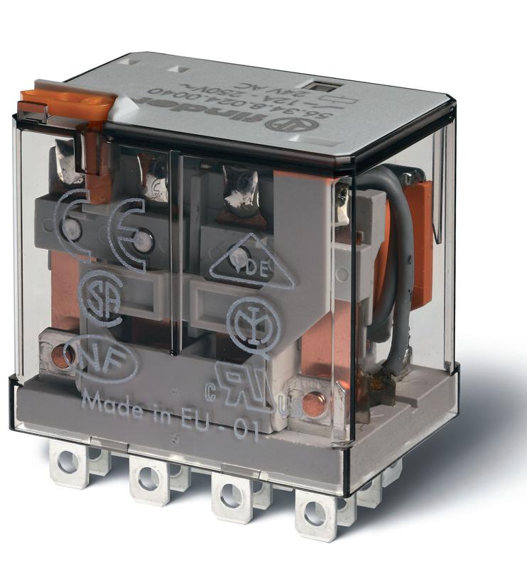 Реле миниатюрное силовое электромеханич. монтаж в розетку или наконечники Faston (4.8х0.5мм) 4CO 12А AgNi 24В AC RTI опции: кнопка тест FINDER 563480240010