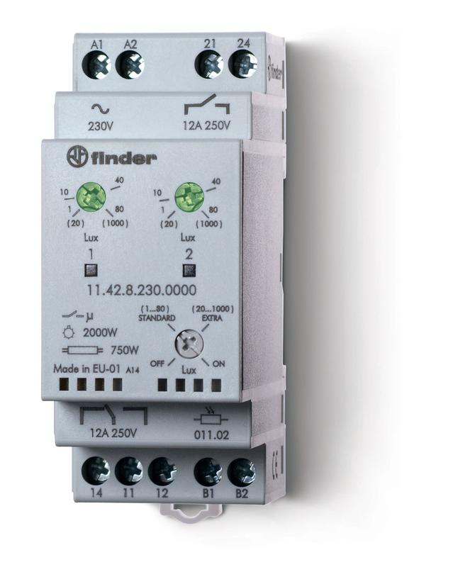 Фотореле модульное с фотоэлементом 011.02 монтаж на рейку 35мм 1CO + 1NO 12А (2 канала) 230В AC 1…80люкс 20…1000люкс 35мм фотореле IP20/фотоэлемент IP54 FINDER 114282300000