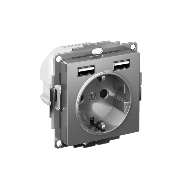 Розетка 1-м СП AtlasDesign 16А IP20 с 2-мя заряд. устройствами USB тип A+A 5В/2.4А 2х5В/1.2А механизм сталь SE ATN000930