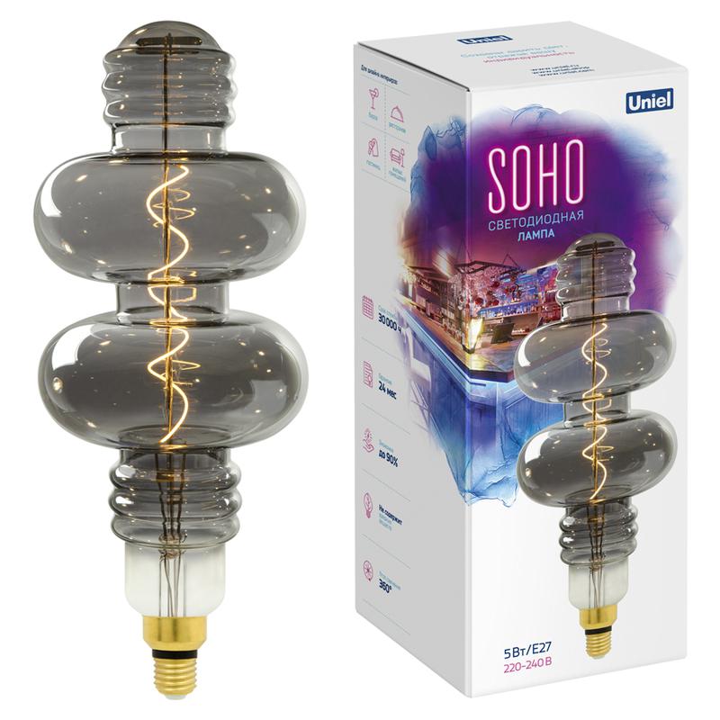 Лампа светодиодная филаментная LED-SF42-5W/SOHO/E27/CW CHROME/SMOKE GLS77CR SOHO спиральный филамент хром./дым. колба Uniel UL-00005922