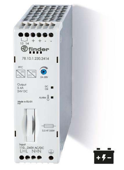 Источник питания импульсный вход 110...250В AC/DC / выход 24В DC 130Вт компенсация реактив. мощности 30мм IP20 опции: контакт предтревога FINDER 781D12302415