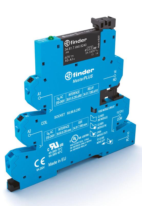 Модуль интерфейсный (сборка 34.81.7.060.9024 + 93.66.3.230) твердотельное реле MasterPLUS выход 6А (24В DC) 230-240В AC/DC подавление утечки тока IP20 безвинт. клеммы Push-in FINDER 396032309024