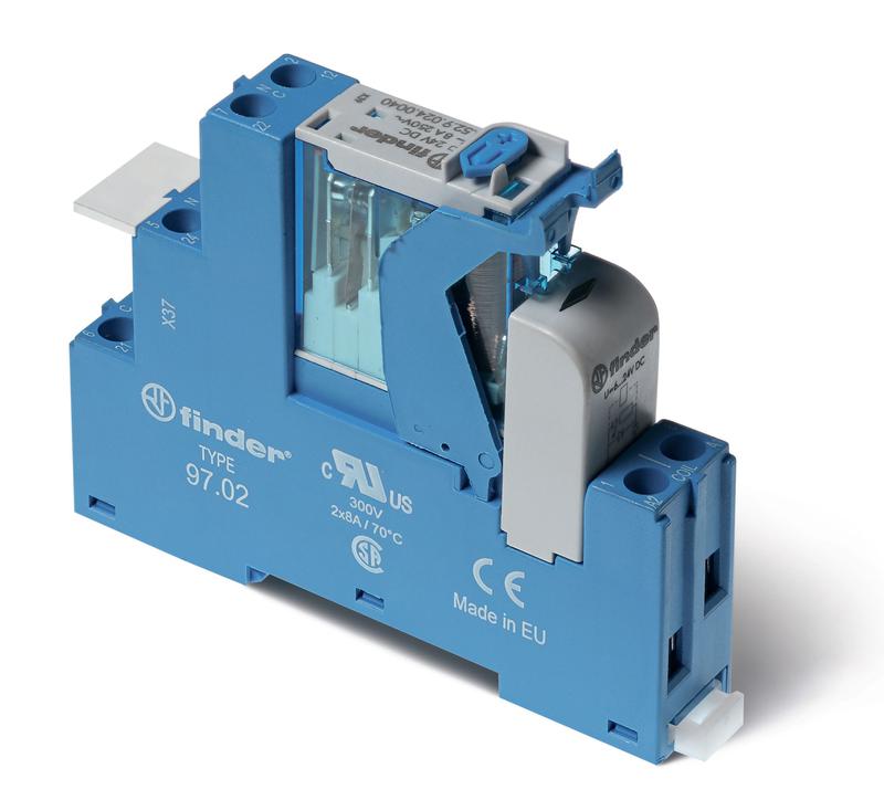 Модуль интерфейсный (сборка 46.52.8.048.0040 + 99.02.0.060.98 + 97.02SPA) электромеханич. реле 2CO 8А AgNi 48В AC IP20 винт. клеммы пластик. клипса LED + варистор кнопка тест + мех.индикатор FINDER 4C0280480060SPA