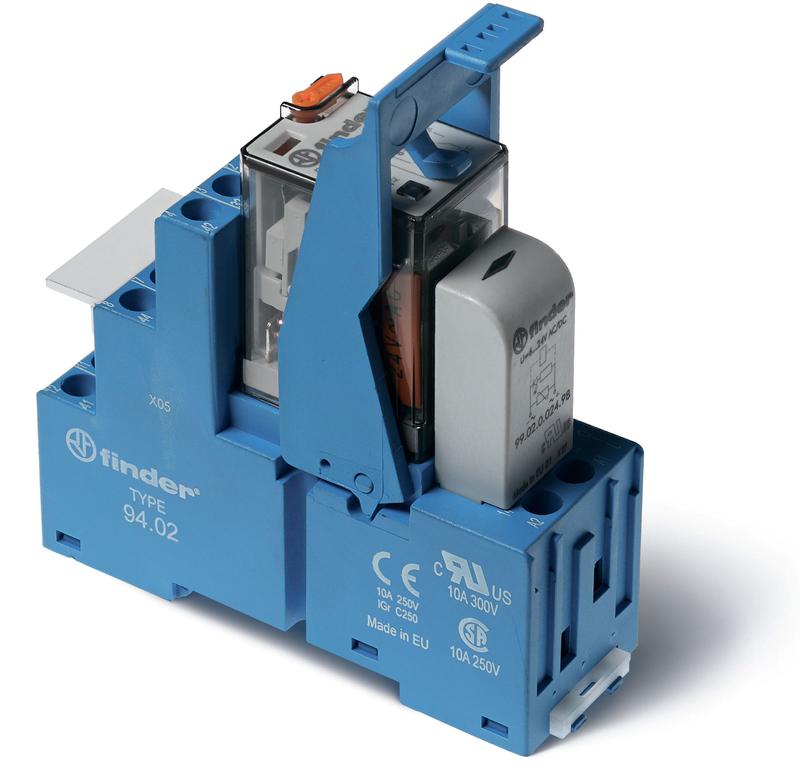 Модуль интерфейсный (сборка 55.32.8.024.0040 + 99.02.0.024.98 + 94.02SPA) электромеханич. реле 2CO 10А AgNi 24В AC IP20 винт. клеммы пластик. клипса LED + варистор FINDER 583280240060SPA