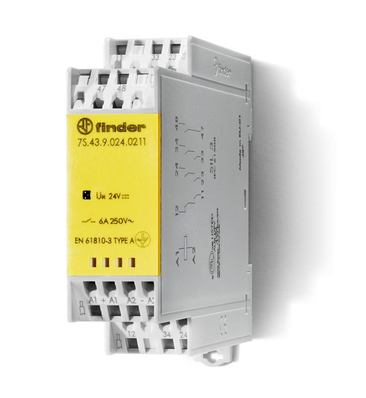 Реле безопасности модульное электромеханич. (реле с принудительным управлением контактами) 2NO+1NC+1 AUX(доп.контакт) 6А AgSnO2 110В DC безвинт. клеммы Push-in 22.5мм IP54 FINDER 7S4391100211
