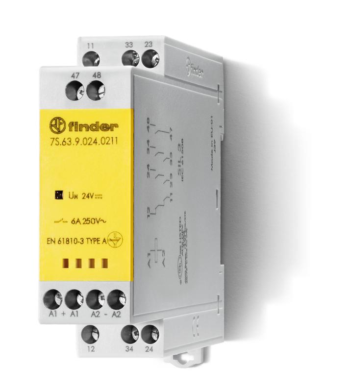 Реле безопасности модульное электромеханич. (реле с принудительным управлением контактами) 2NO+1NC+1 AUX(доп.контакт) 6А AgSnO2 48В DC винт. клеммы 22.5мм IP54 FINDER 7S6390480211