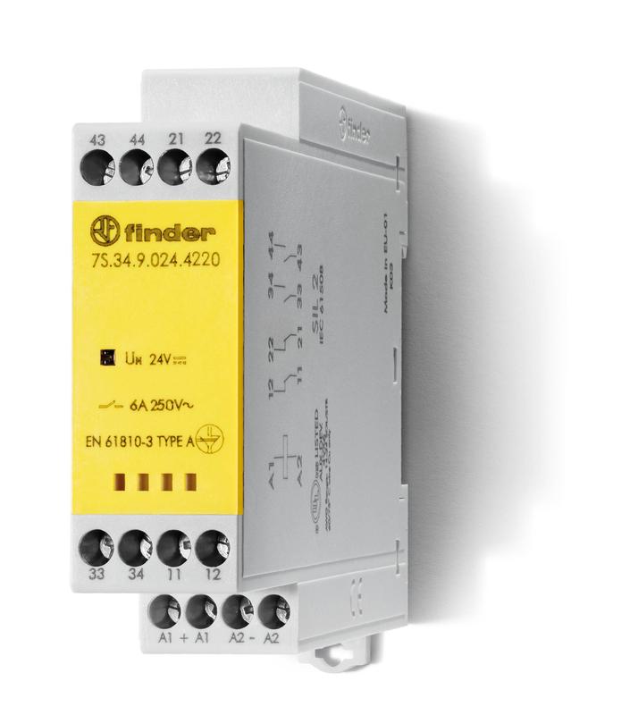 Реле безопасности модульное электромеханич. (реле с принудительным управлением контактами) 3NO+1NC 6А AgSnO2 230В AC винт. клеммы 22.5мм IP54 FINDER 7S3482304310