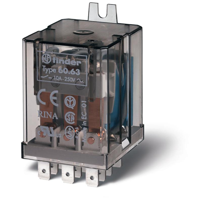 Реле универсальное электромеханич. монтаж в наконечники Faston 187 (4.8х0.8мм) 3CO 10А AgNi 240В AC RTI боковой монтаж. фланец опции: нет FINDER 606382400000