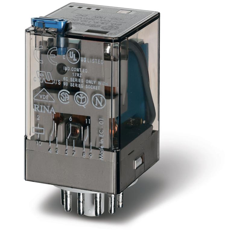 Реле универсальное электромеханич. монтаж в розетку 11-штырьковый разъем 3CO 10А AgNi токовая AC 0.7А RTI опции: кнопка тест + мех.индикатор FINDER 601340710040