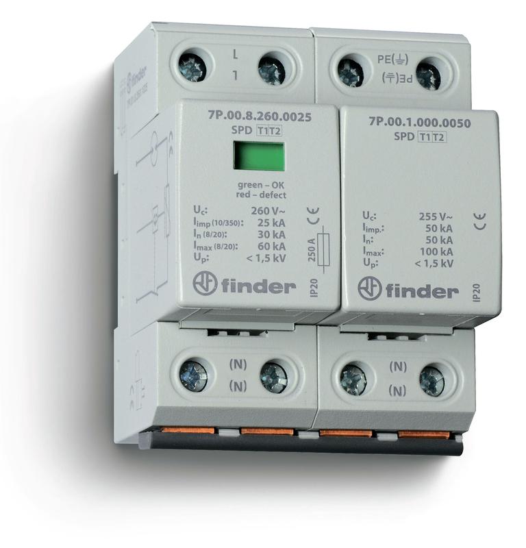 Устройство защиты от импульсных перенапряжений УЗИП тип 1+2 (1 варистор/искровый разрядник + 1 искровый разрядник) модульный 72мм IP20 FINDER 7P0282601025