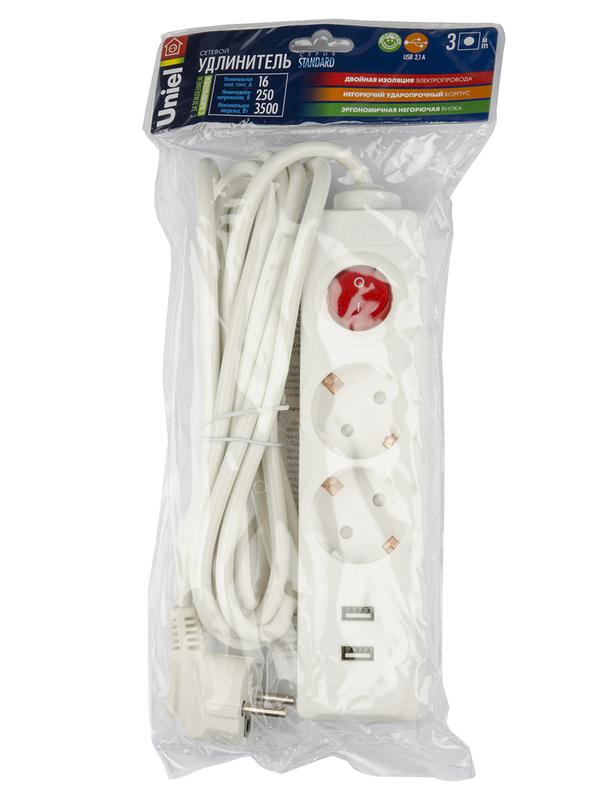 Удлинитель 2х3м с заземл. Standart S-GCD2-3BU White 2хUSB 2.1А бел. Uniel UL-00006677