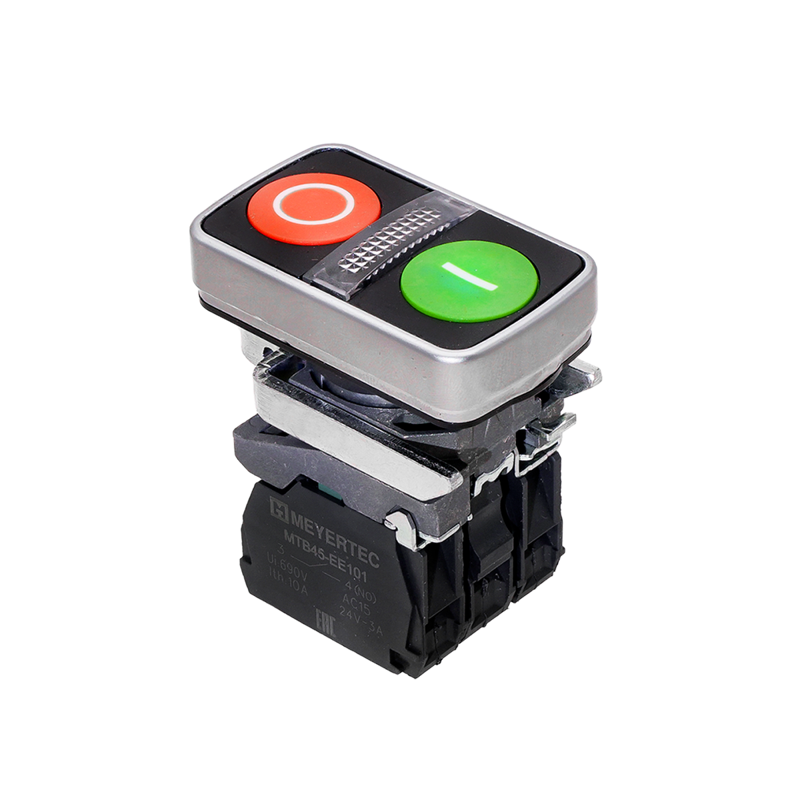 Кнопка двойная плоская с подсветкой маркировка "I+O" 1NO+1NC 220В AC/DC IP65 металл MTB4-BW83753 красн./зел. ОВЕН 137156