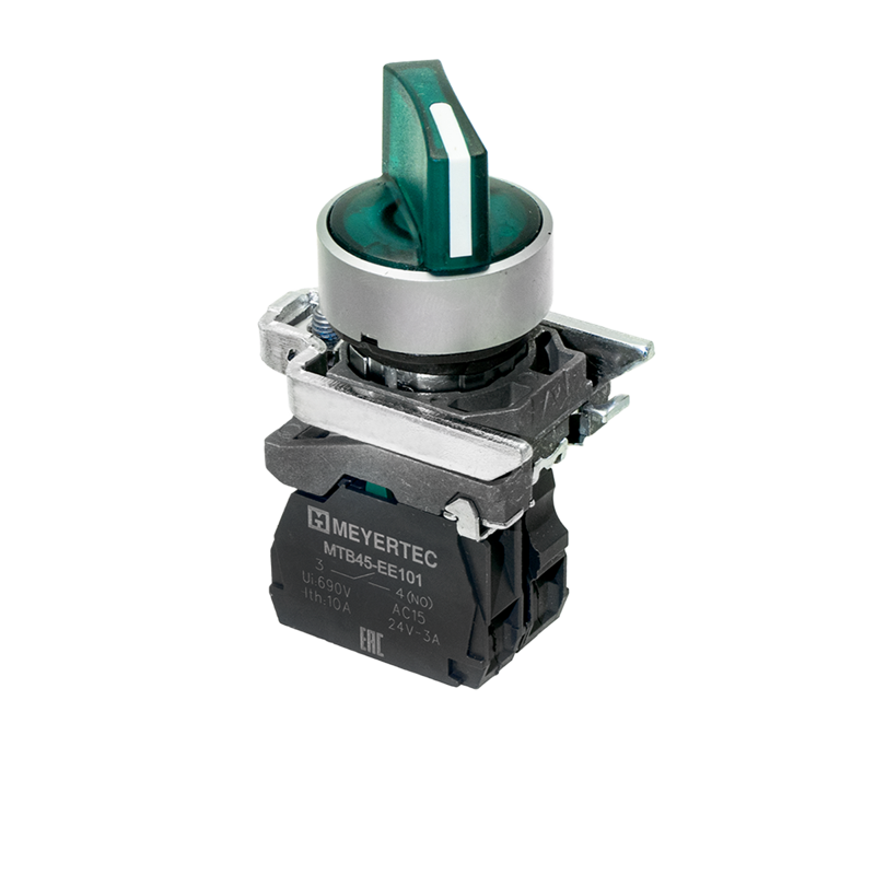 Переключатель на 3 положения с фиксацией и подсветкой 1NO 220В AC/DC IP65 металл MTB4-BK33713 зел. ОВЕН 137180