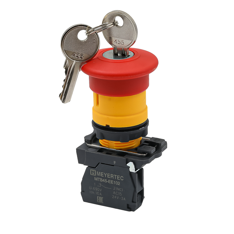 Кнопка грибовидная аварийной остановки с ключом 40мм возврат поворотом с фиксацией 1NC IP65 пластик MTB5-AS142 красн. ОВЕН 137251