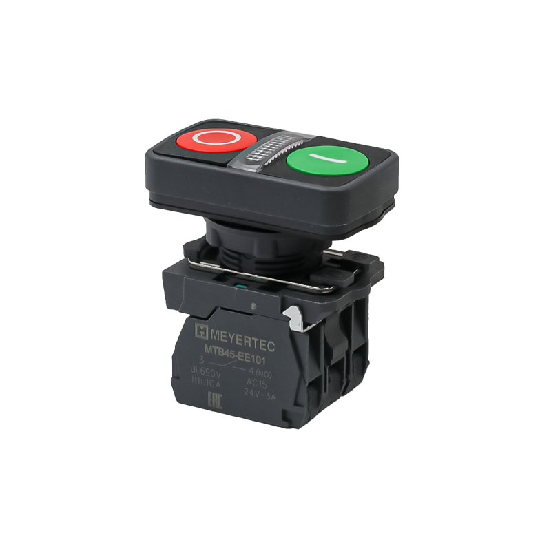 Кнопка двойная плоская с подсветкой маркировка "I+O" 1NO+1NC 220В AC/DC IP65 пластик MTB5-AW83753 красн./зел. ОВЕН 137264