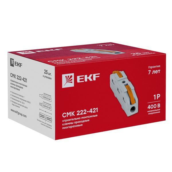 Клемма строительно-монтажная СМК проходная 222-421 1п 0.08-4кв.мм (уп.25шт) PROxima EKF plc-smk-421