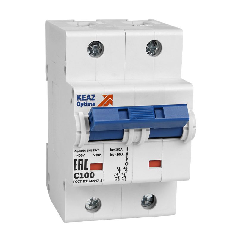 Выключатель автоматический модульный 2п D 100А 15кА OptiDin BM125-2D100-14ln-УХЛ3 КЭАЗ 138599