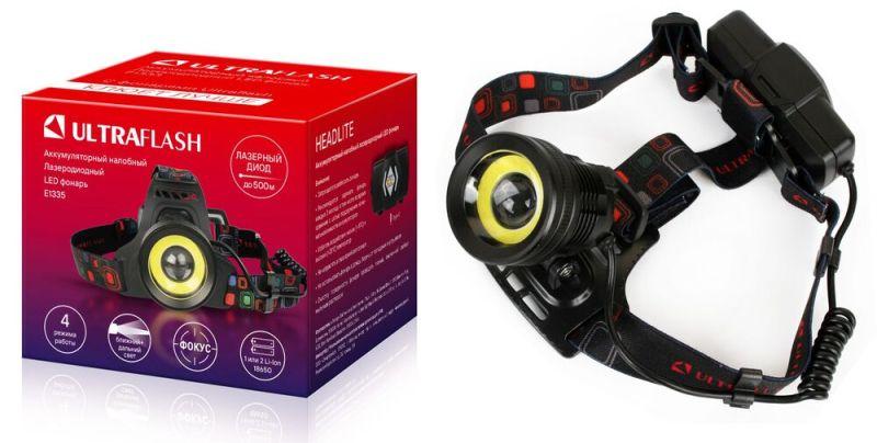 Фонарь аккумуляторный налобный E1335 2LED 4Вт фокус 4 режима аккум. 3.7В метал. черн. (бокс) Ultraflash 13905
