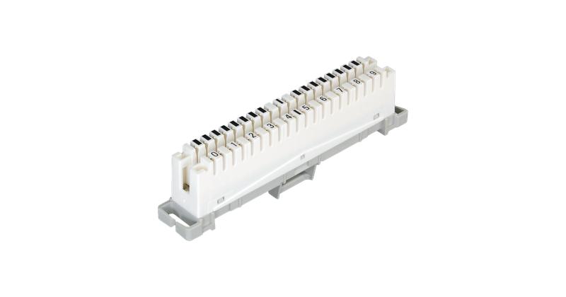 Плинт размыкаемый на 10 пар кат.3 (класс C) 16МГц контакты типа KRONE маркировка 0...9 креплен. под кронштейн и кругл. направляющие бел.(уп.10шт) NIKOMAX NMC-PL10-DU-10