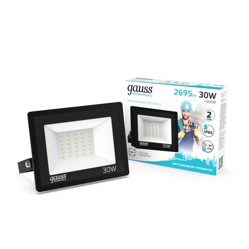 Прожектор светодиодный Elementary 30Вт 4000К IP65 2695лм 200-240В ДО черн. GAUSS 613100230
