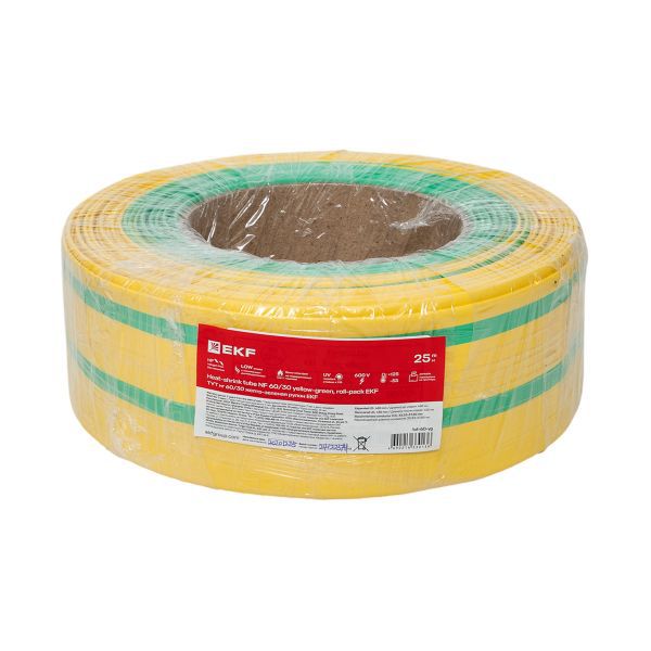 Трубка термоусадочная ТУТ нг 60/30 желт./зел. PROxima (уп.25м) EKF tut-60-yg